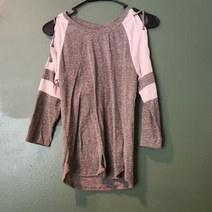 Green and Cream 3/4 Sleeve Shirt with shoulder cutouts